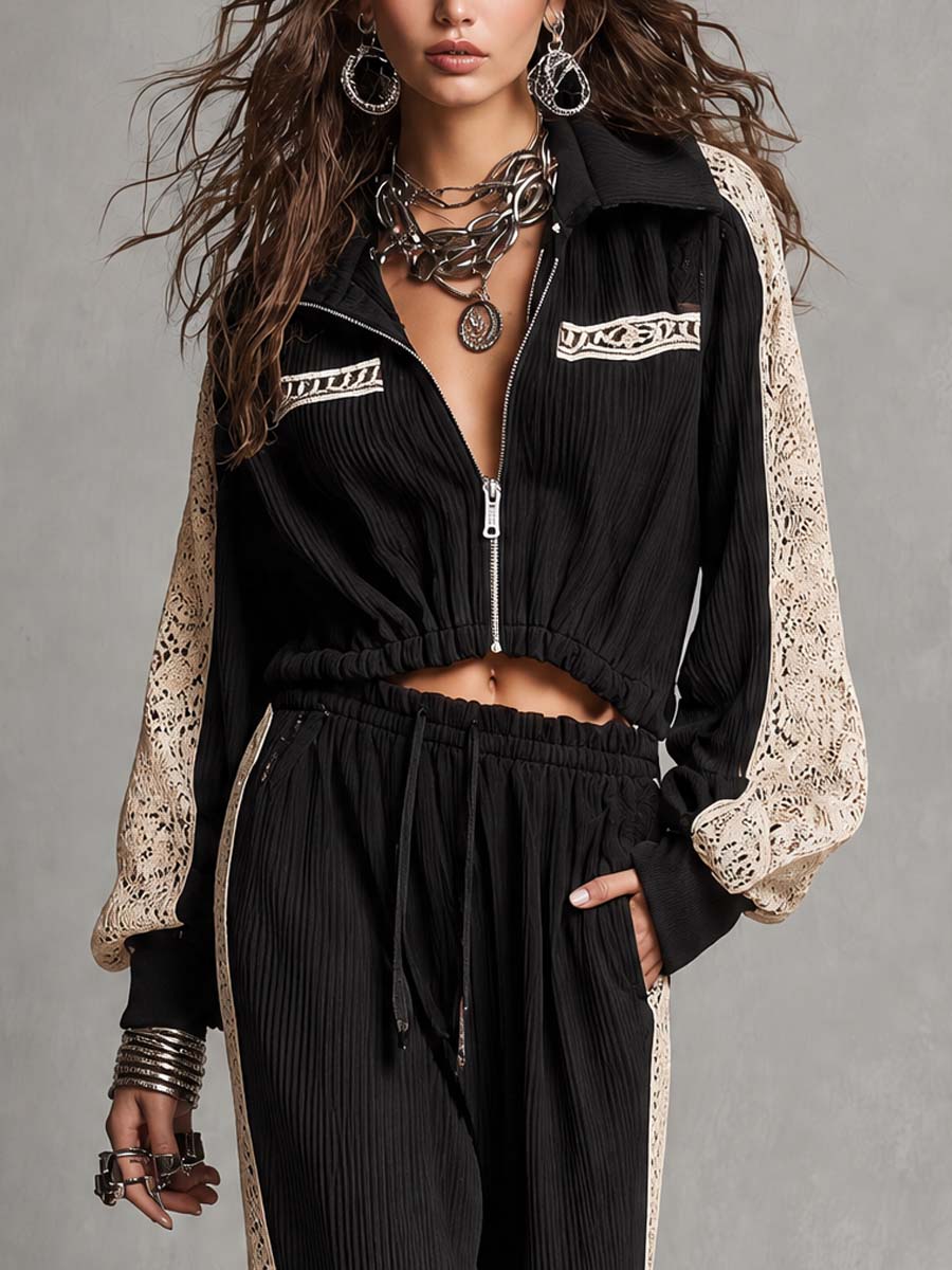 Zip Up Collar Cropped Ribbed Jacket With Lace Patch Sleeve & Drawstring Waist Ribbed Wide Leg Pants Two Piece Set