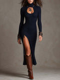 Navy Vertical Ribbed Knit Bodycon High Neck Keyhole Front Side Zipper Slit Midi Dress
