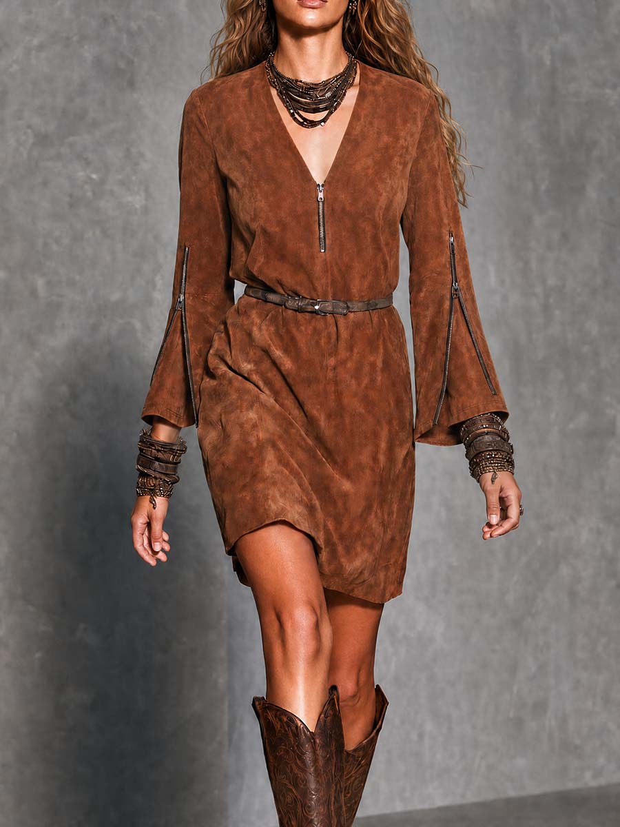 Boho Brown Zip V-Neck Bell Sleeve Belted Mini Dress