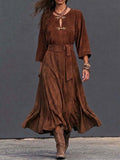Boho Brown Zip-Front Belted Maxi Dress