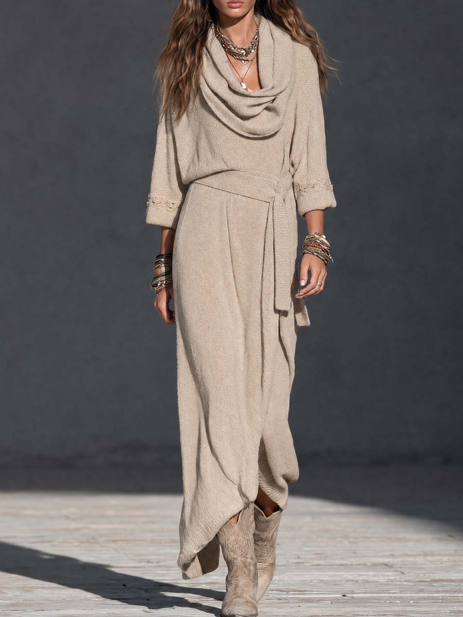 Boho Oatmeal Cowl Neck Tie-Waist Maxi Dress