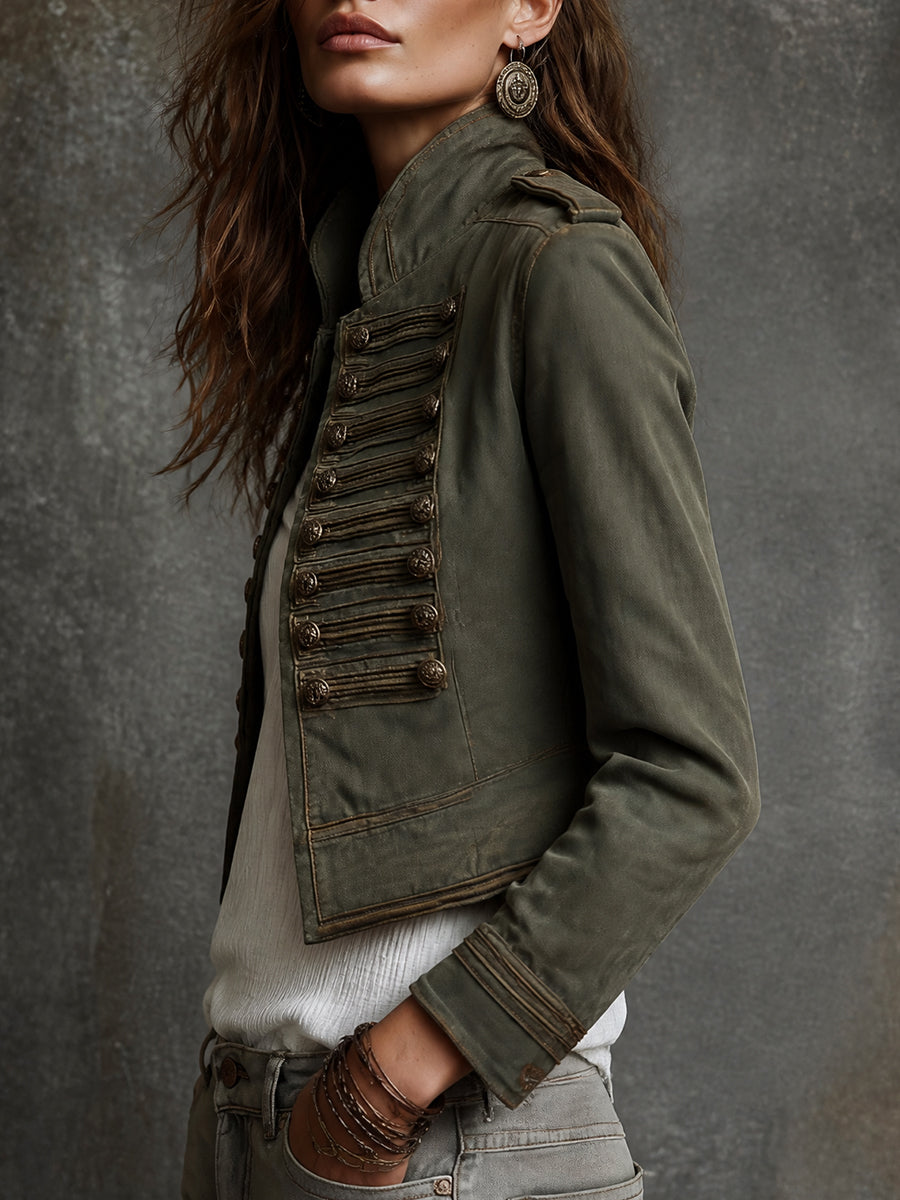 Vintage Military Gold-Braid Olive Green Cropped Jacket