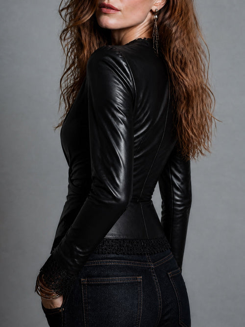 Boho Faux Leather Wrap Blouse with Lace Trim