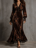 Vintage Velvet Floral Lace V Neck Puff Sleeve Evening Dress