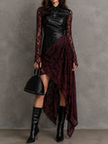 Gothic Faux Leather Lace Long Sleeve Irregular Hem Midi Dress