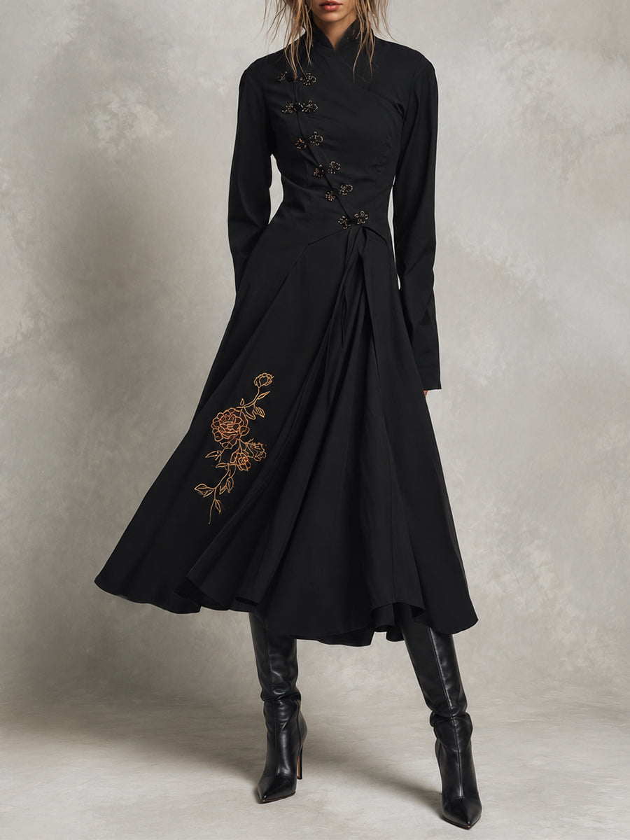 Black Mandarin Collar Embroidered Midi Dress