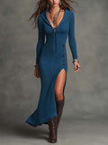 Hooded Tie V Neck Side Buttons And High Slit Vertical Ribbed Knit Midi Dress