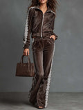 Vintage Vertical Striped Velvet Tracksuit Set Stand Collar Zip Crop Jacket Lace Side Wide Flare Pants Casual Two Piece Outfit