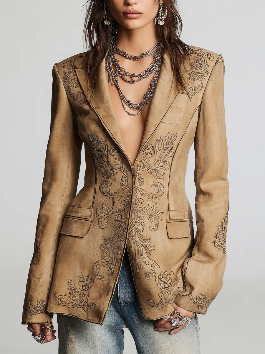 Western Distressed Khaki Twill Blazer Dark Floral Print Slim Fit Notched Collar Long Sleeve Casual Jacket