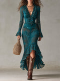 Boho Teal Stripe Print Pleated High-Low Ruffle Maxi Dress