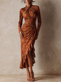 Bohemian Copper Foil Ruched Keyhole Ruffle Midi Dress