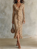 Romantic Beige Lace Ruffle-Trim Long-Sleeve Maxi Dress
