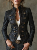 Vintage Military Gold-Button Black Faux Leather Fitted Jacket