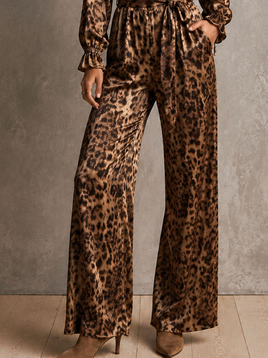 Vintage Leopard Satin Frill Neck Belted Long Sleeve Jumpsuit
