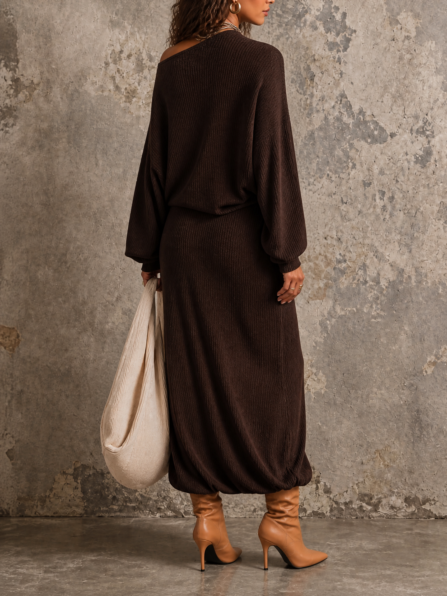 Vintage Ribbed Knit One-Shoulder Batwing Sleeve Ruched Midi Dress