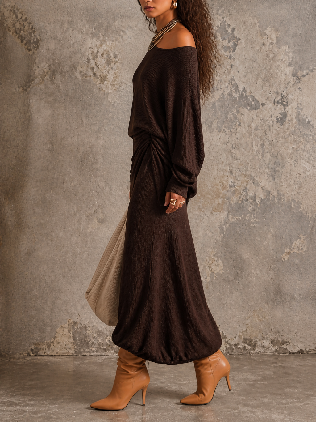Vintage Ribbed Knit One-Shoulder Batwing Sleeve Ruched Midi Dress