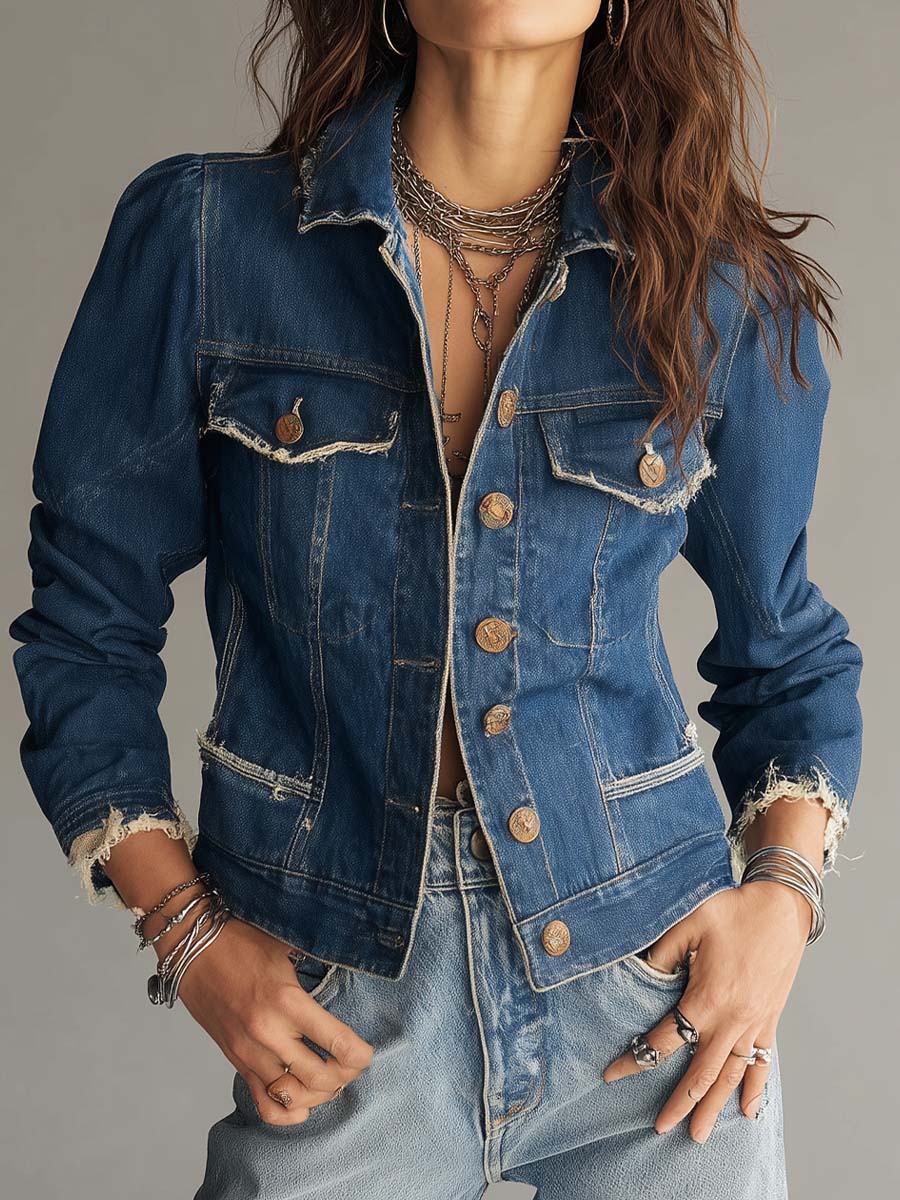 Classic Retro Distressed Frayed Denim Jacket with Vintage Buttons