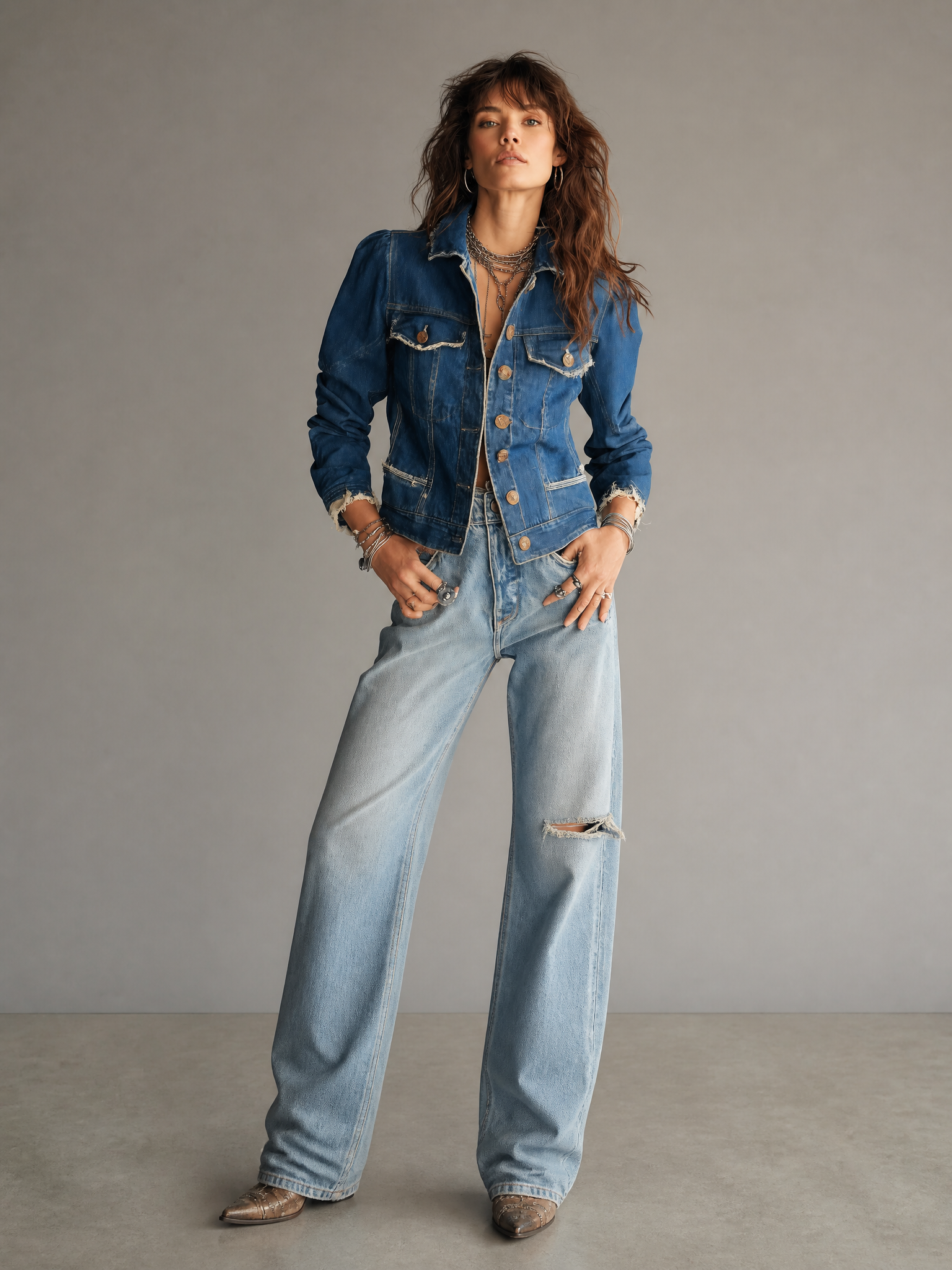 Classic Retro Distressed Frayed Denim Jacket with Vintage Buttons