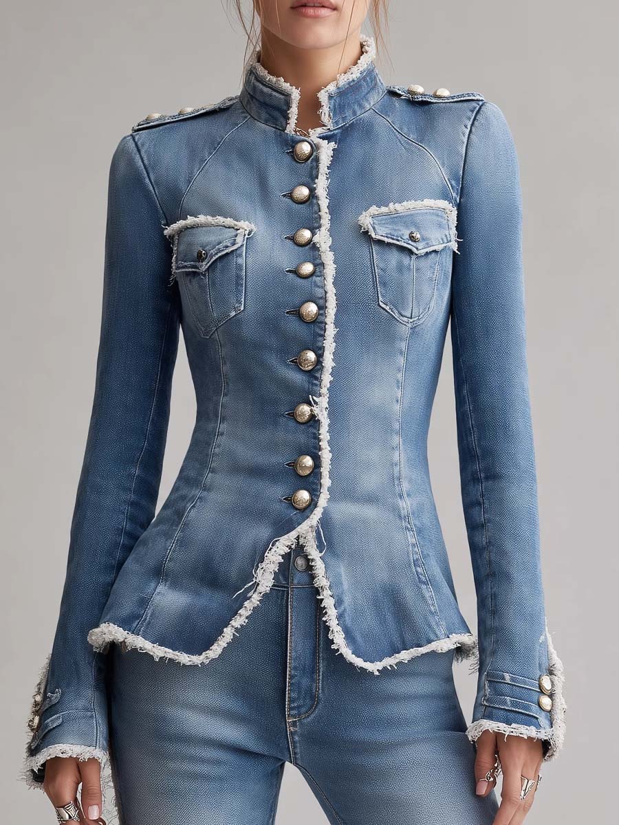 Vintage Slim Fit Military Style Denim Jacket with Frayed Trim and Button Front