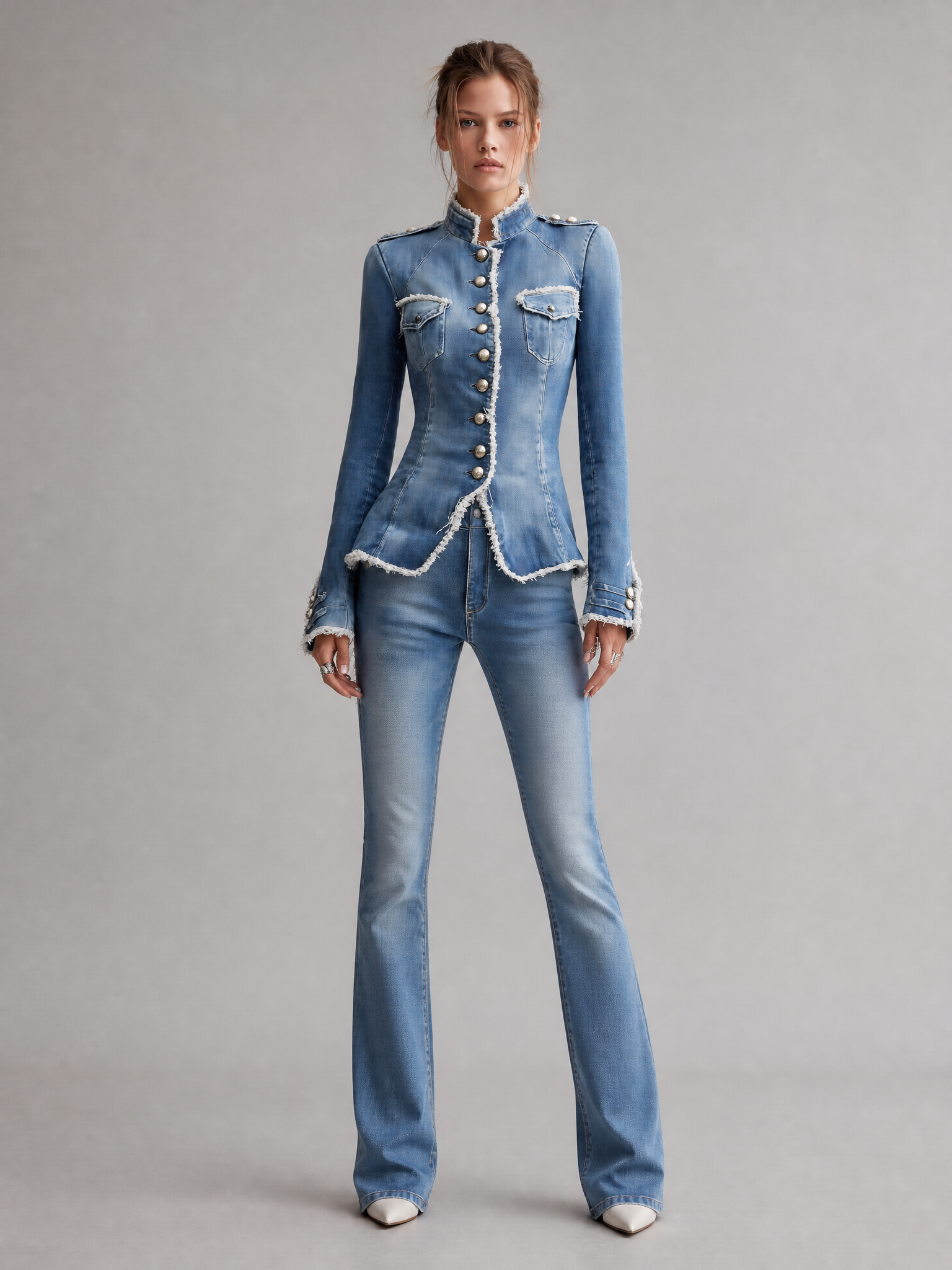 Vintage Slim Fit Military Style Denim Jacket with Frayed Trim and Button Front