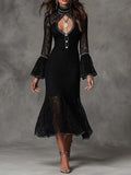 Vintage High Neck Cutout Long Bell Sleeve Silver Rhinestone Piping Black Floral Lace Mermaid Midi Dress