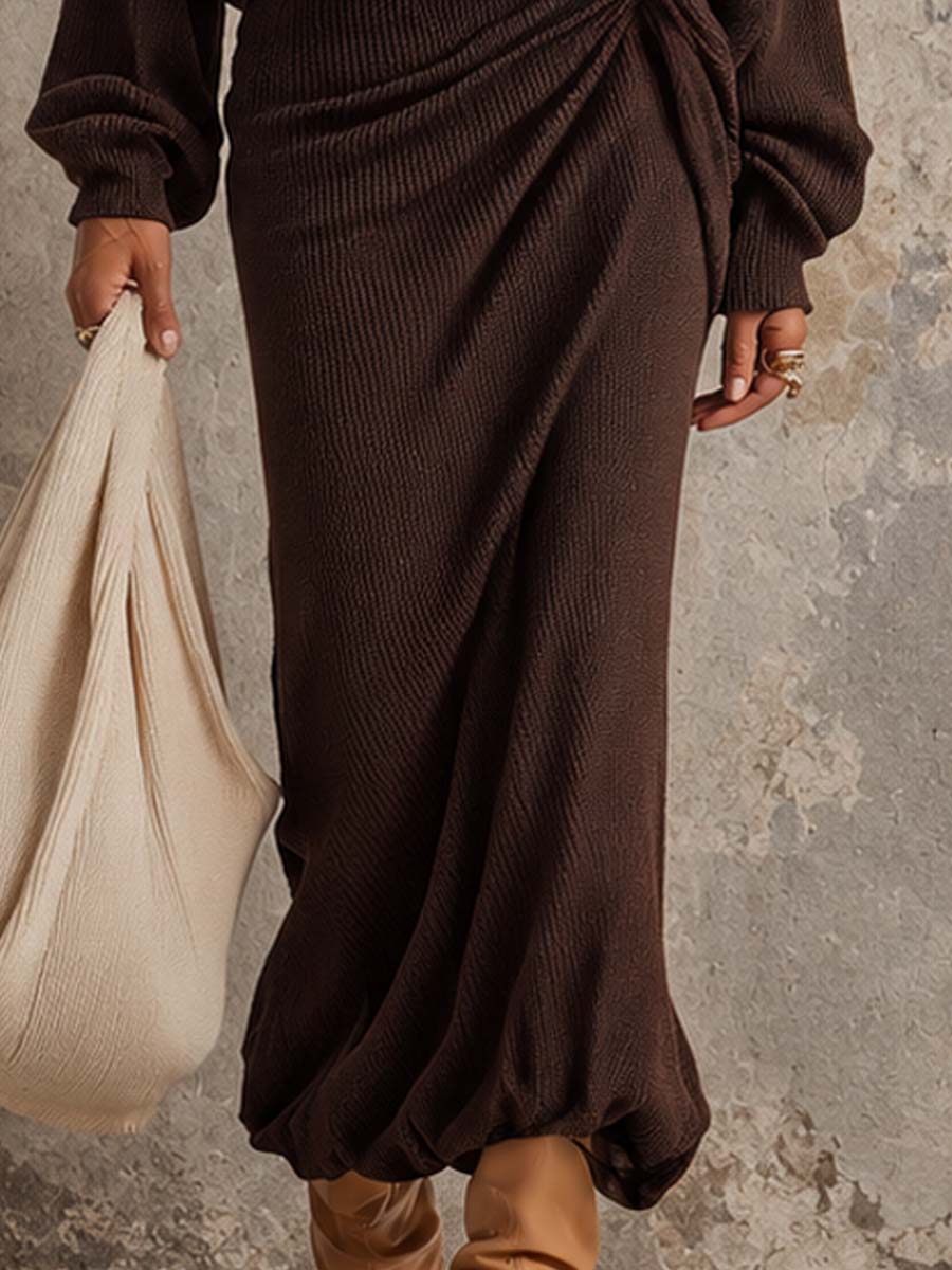 Vintage Ribbed Knit One-Shoulder Batwing Sleeve Ruched Midi Dress