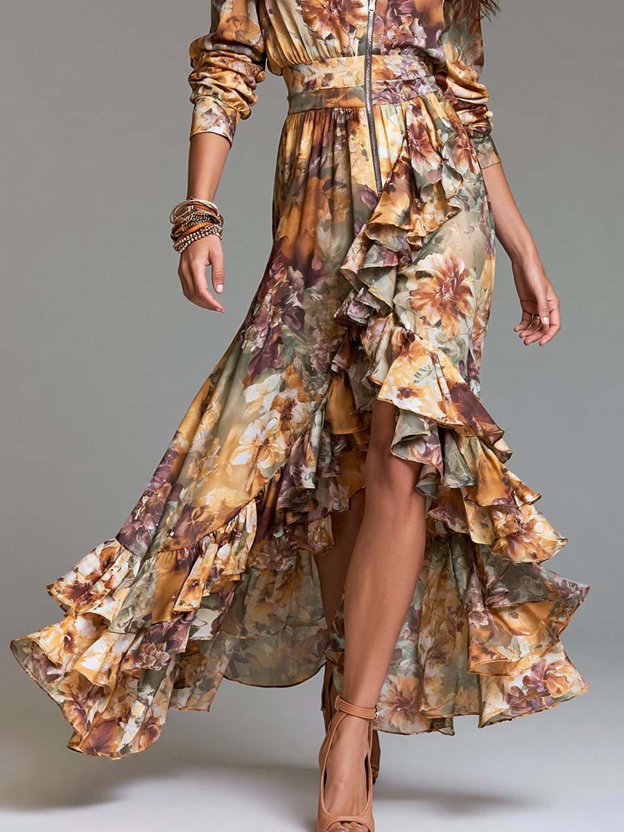 Boho Floral Print Zip-Up Ruffle High-Low Maxi Dress