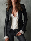 Retro Faux PU Lapel Blazer With Topstitching Detail