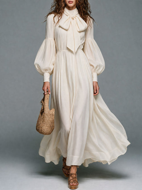 Bishop Sleeve Bow-Tie Neck Maxi Dress