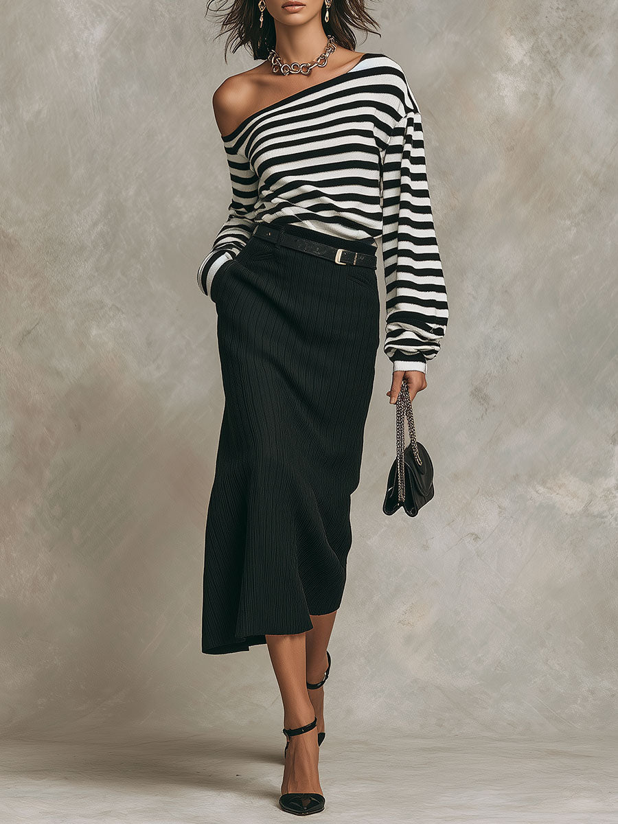 Boho Off-Shoulder Knit Striped Top & Textured Midi Skirt Set