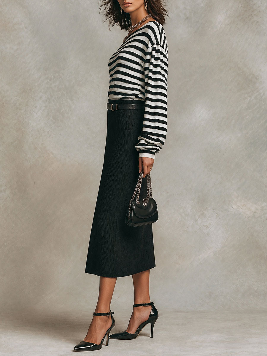 Boho Off-Shoulder Knit Striped Top & Textured Midi Skirt Set