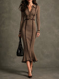 Vintage Taupe Ribbed Knit Contrast Piping Midi Mermaid Dress