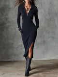 Retro Shiny Front Zipper Ribbed Knit Midi Dress Featuring Slit Hem