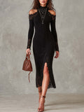 Vintage Lace Trim Cold-shoulder Knit Midi Dress