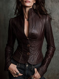 Quiet Luxury Stand Collar Fitted Faux PU Jacket With Button