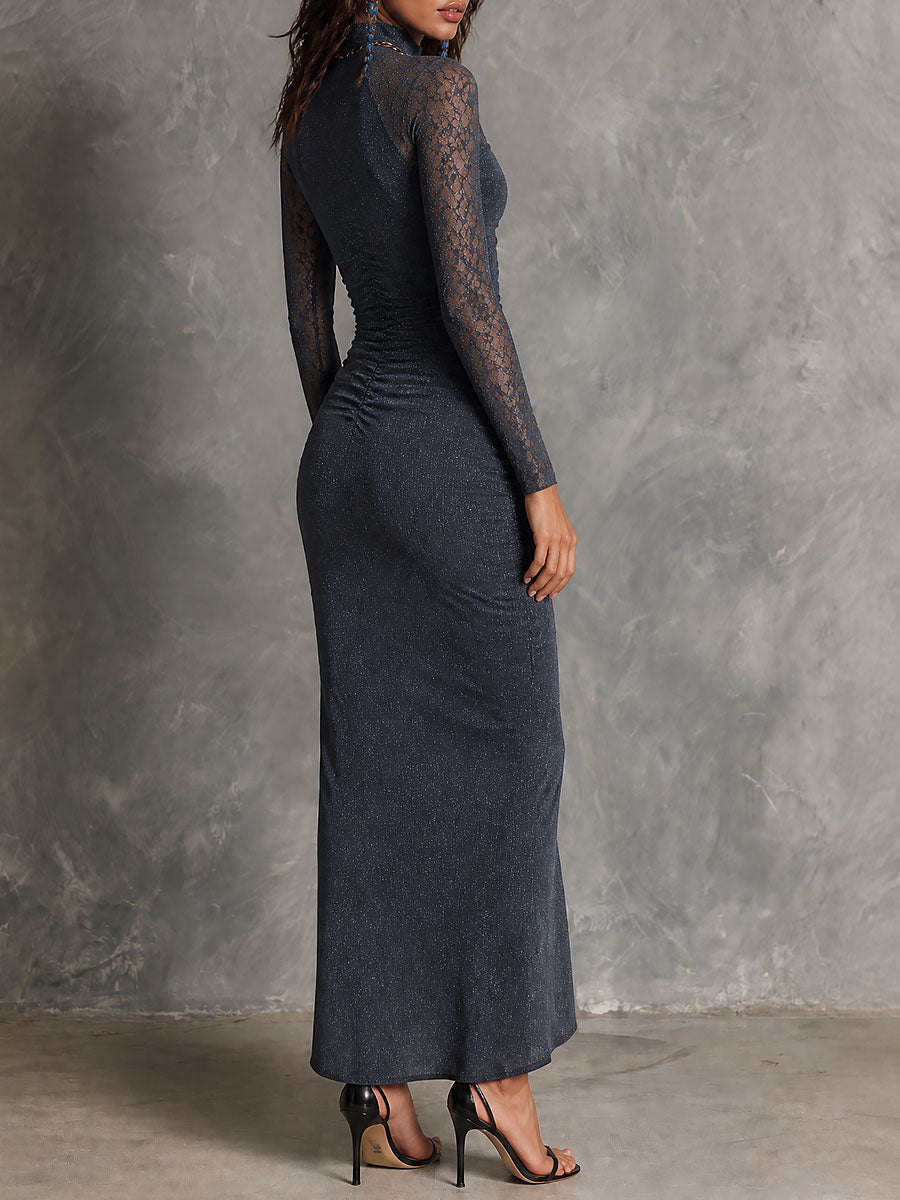 Boho Lace Sleeve Ruched Maxi Dress with Front Slit