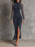 Boho Lace Sleeve Ruched Maxi Dress with Front Slit