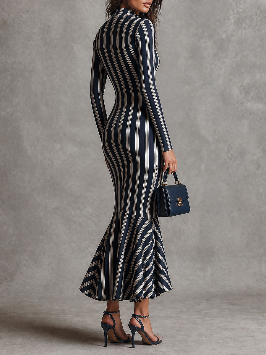 Boho Striped Mock Neck Long Sleeve Fishtail Maxi Dress