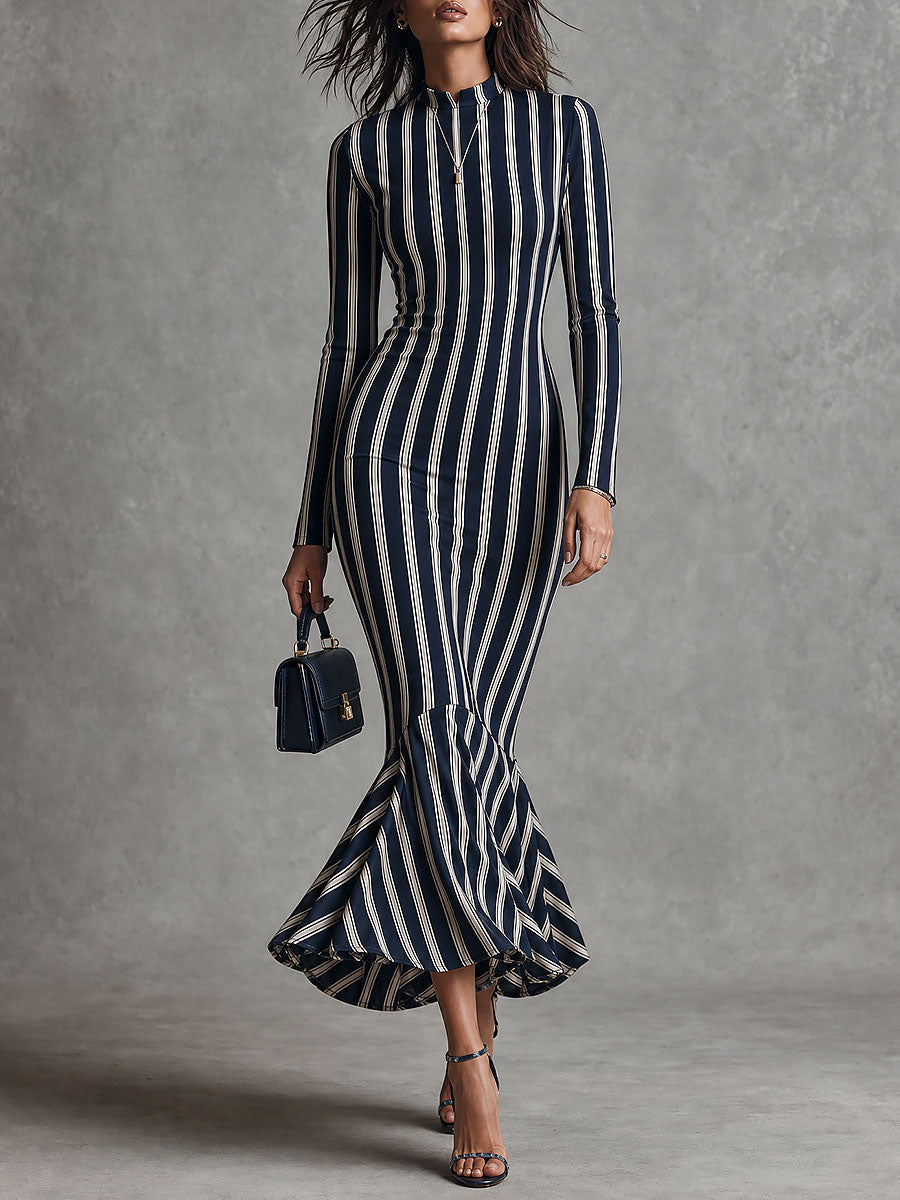 Boho Striped Mock Neck Long Sleeve Fishtail Maxi Dress