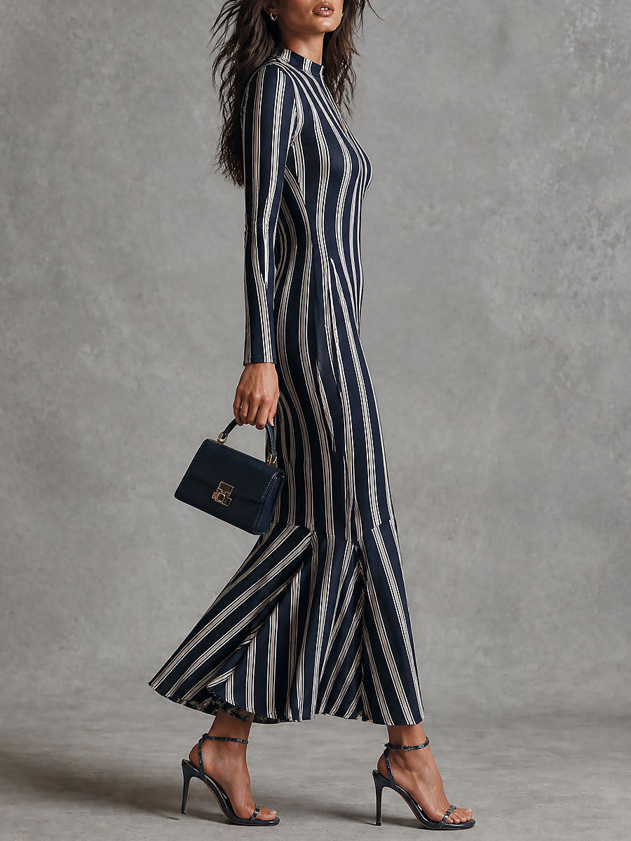 Boho Striped Mock Neck Long Sleeve Fishtail Maxi Dress