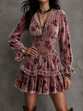 Boho Vintage Floral Velvet Smocked Waist Tiered MiniDress