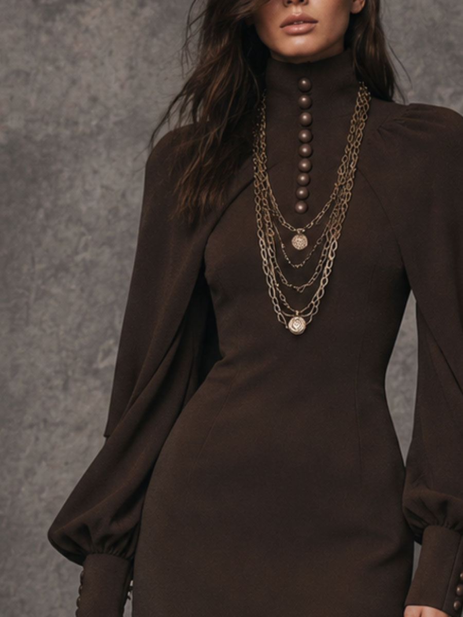Vintage High Neck Cape Puff Sleeve Mini Dress