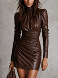 Retro High-neck Ruched Faux Leather Mini Dress