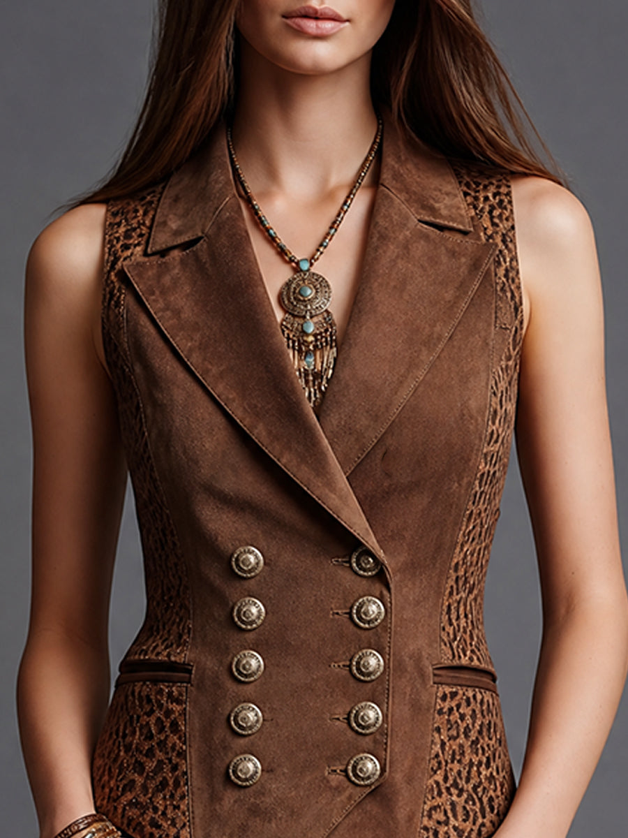 Brown Suede Leopard Panel Tailored Vest