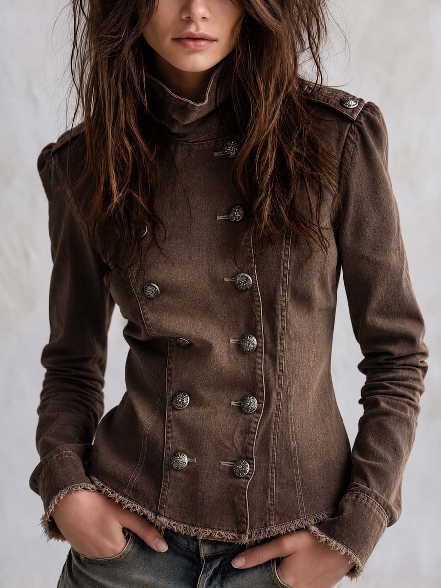 Distressed Double-breasted Denim Jacket