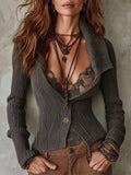 Retro Collared Ribbed Knit Cardigan With Button Detail
