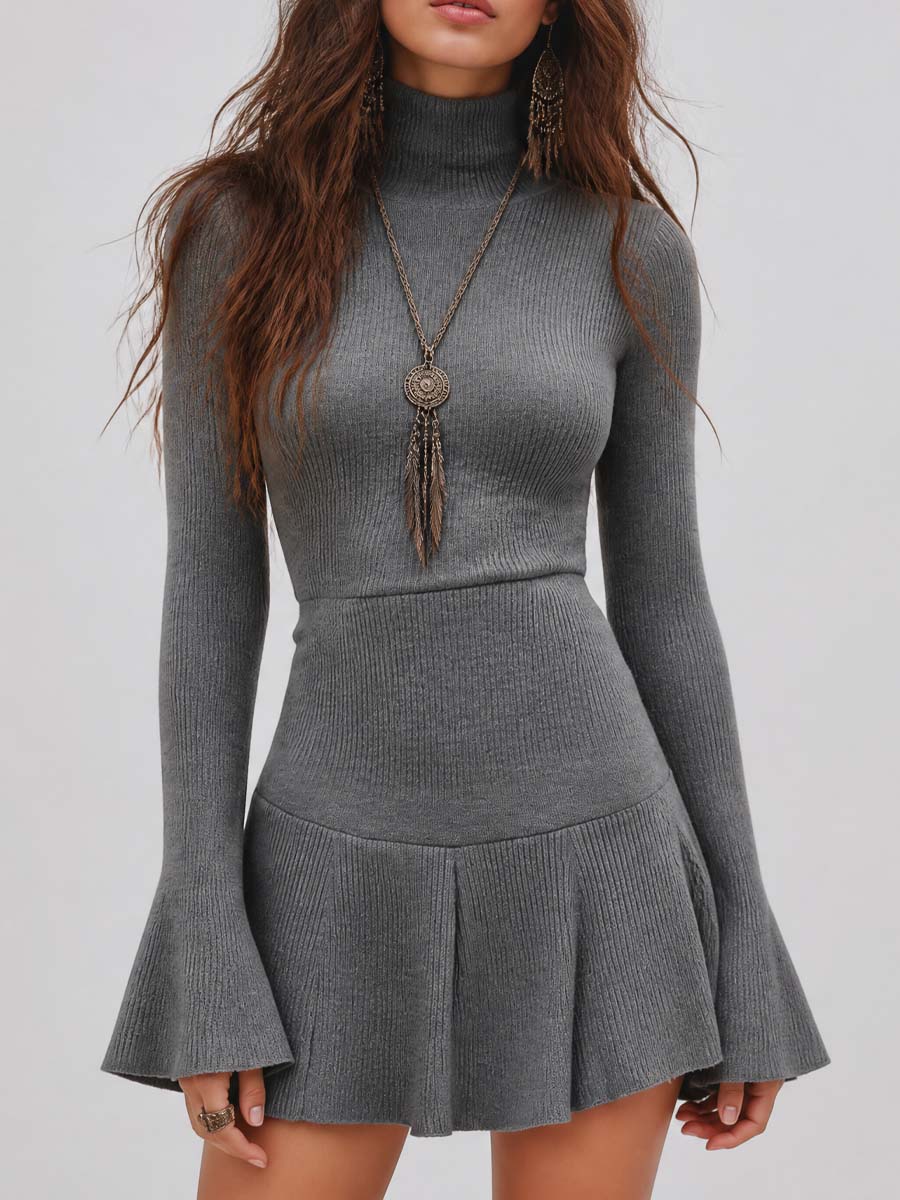 Ribbed Knit Turtleneck Flare Sleeve Mini Sweater Dress
