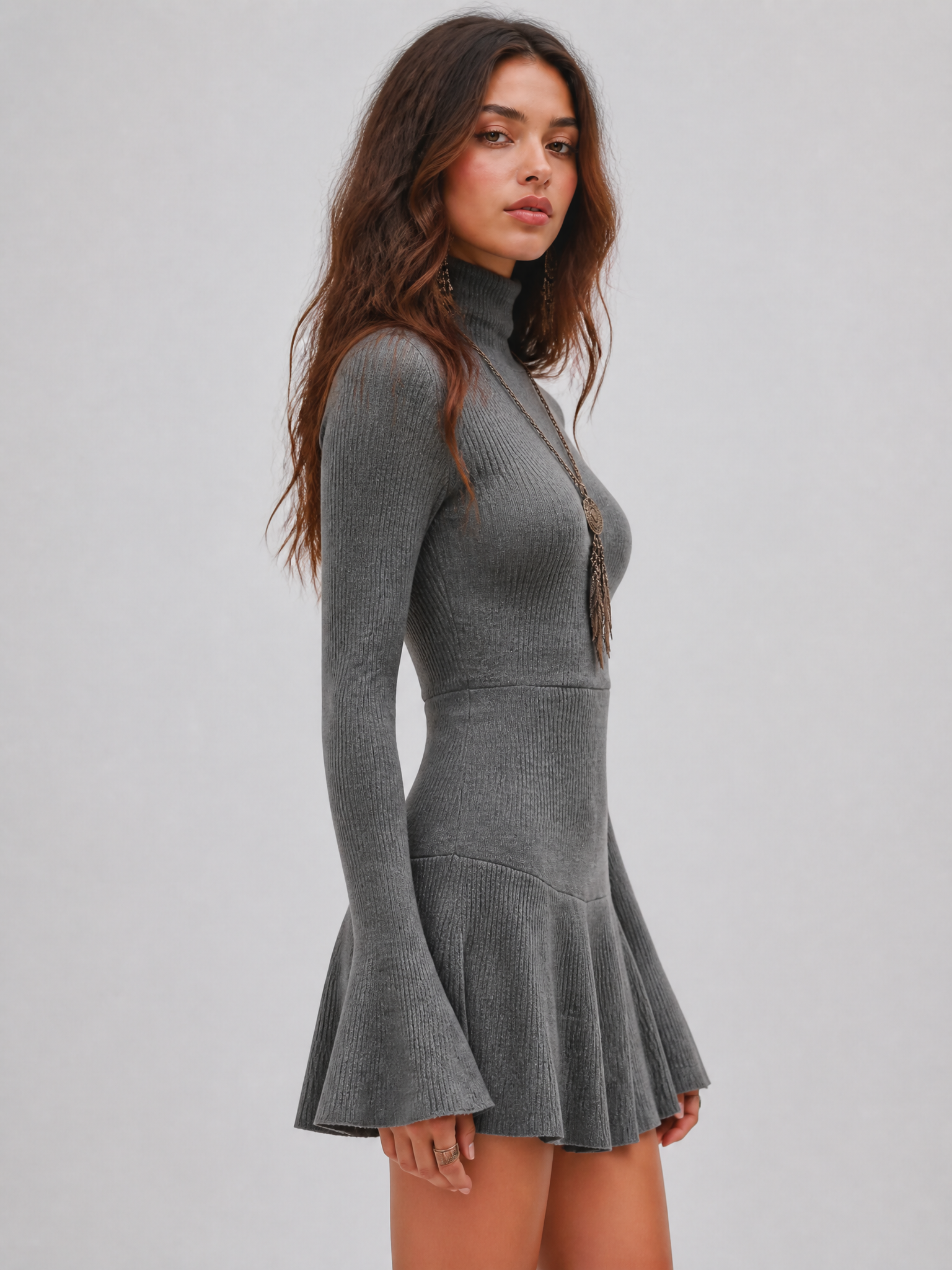 Ribbed Knit Turtleneck Flare Sleeve Mini Sweater Dress