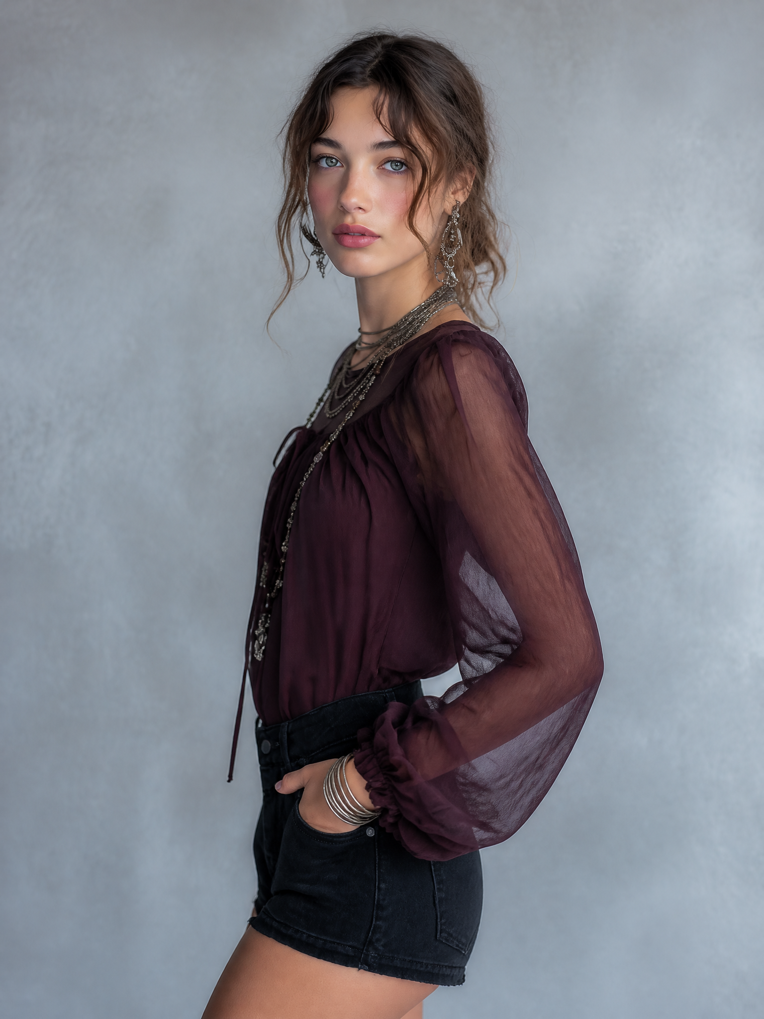 Vintage Sheer Chiffon Puff Sleeve Blouse with Tie Neck