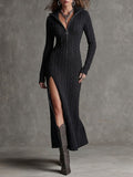 Boho Cable Knit Half-Zip Long Sleeve Slit Hem Maxi Dress